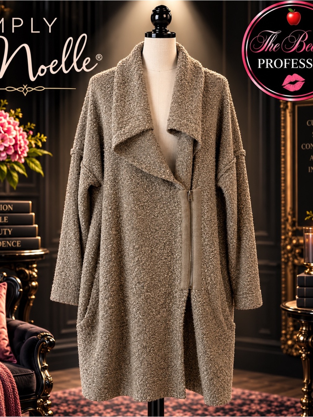 💕 Simply Noelle L/XL Taupe Boucle Moto Zip Long Cardigan Sweater Coat